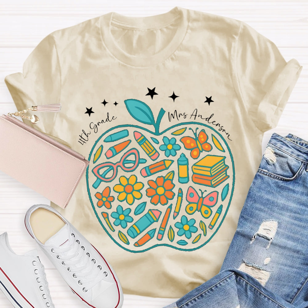 Personalized Name And Grade Fourth Grade Pencil And Small Flower Wrapped In Apple T-shirt
