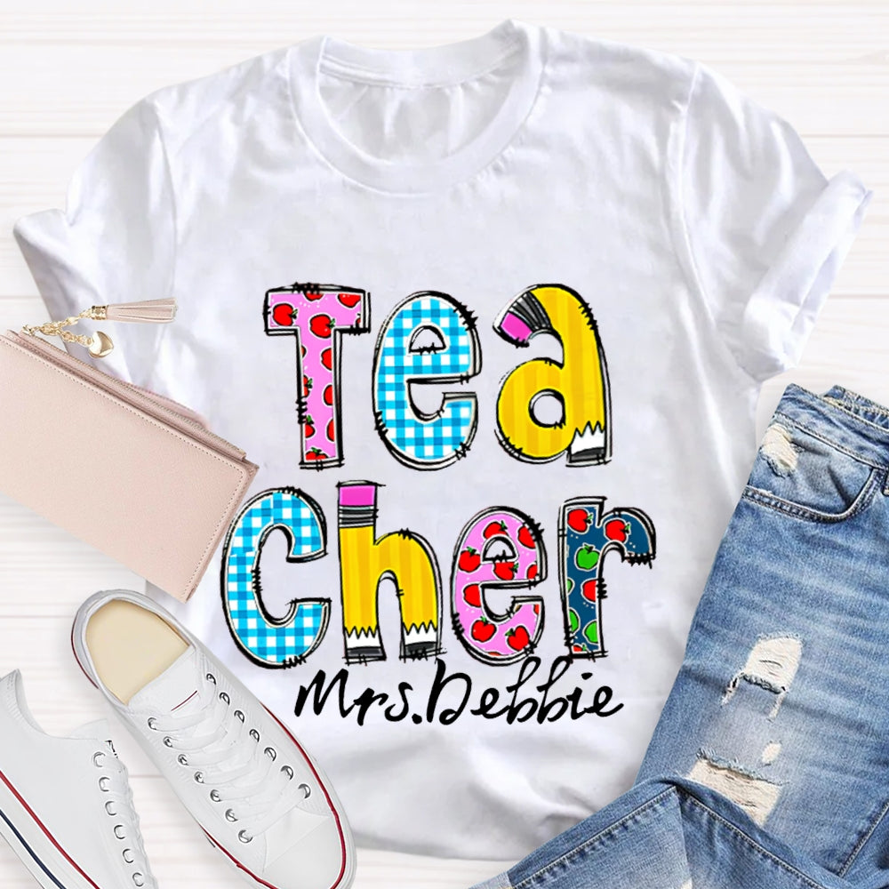 Personalized Name Teacher Letter Pencil Apple Pattern T-Shirt