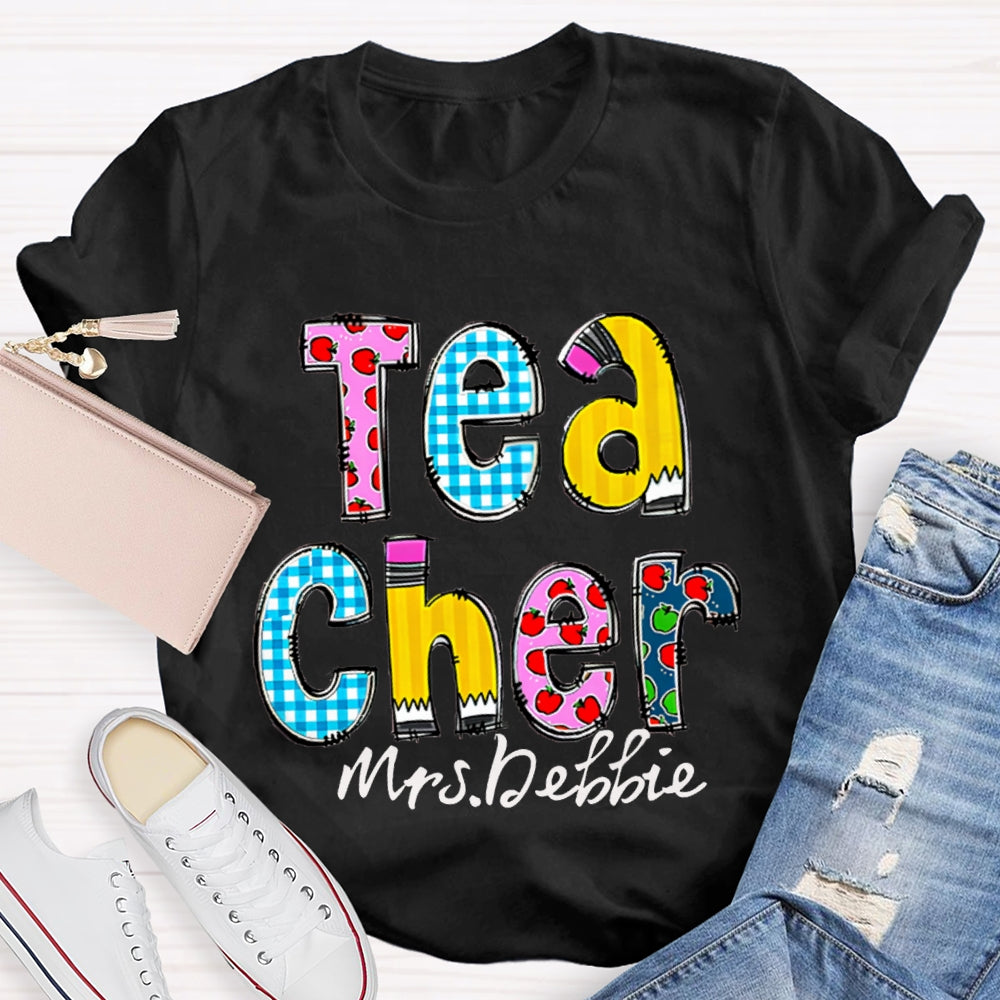 Personalized Name Teacher Letter Pencil Apple Pattern T-Shirt