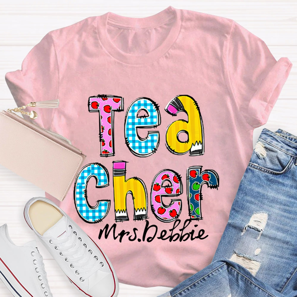 Personalized Name Teacher Letter Pencil Apple Pattern T-Shirt