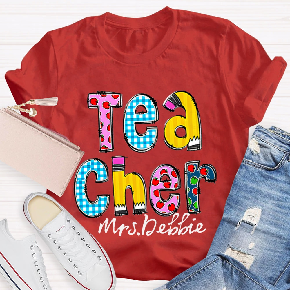 Personalized Name Teacher Letter Pencil Apple Pattern T-Shirt
