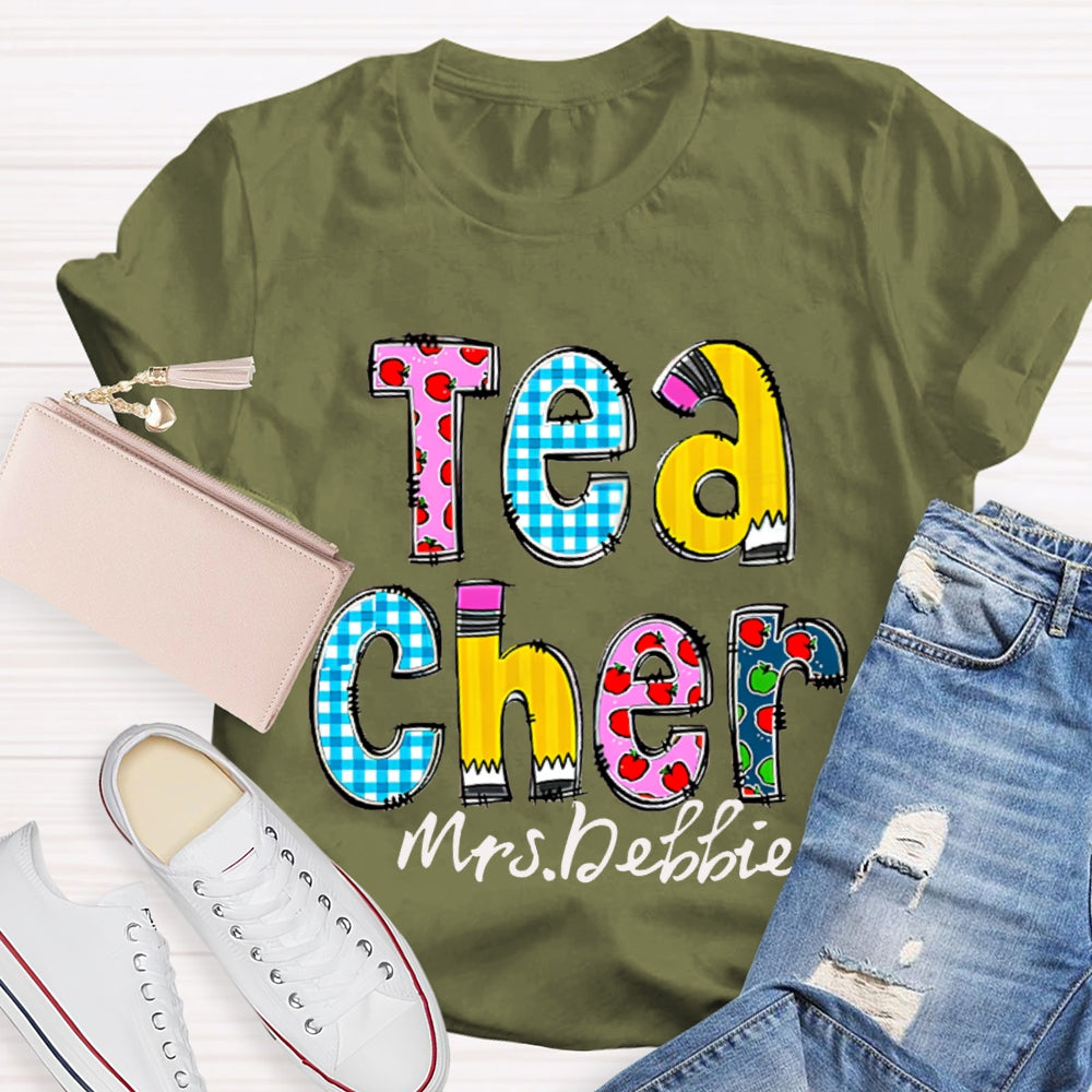 Personalized Name Teacher Letter Pencil Apple Pattern T-Shirt