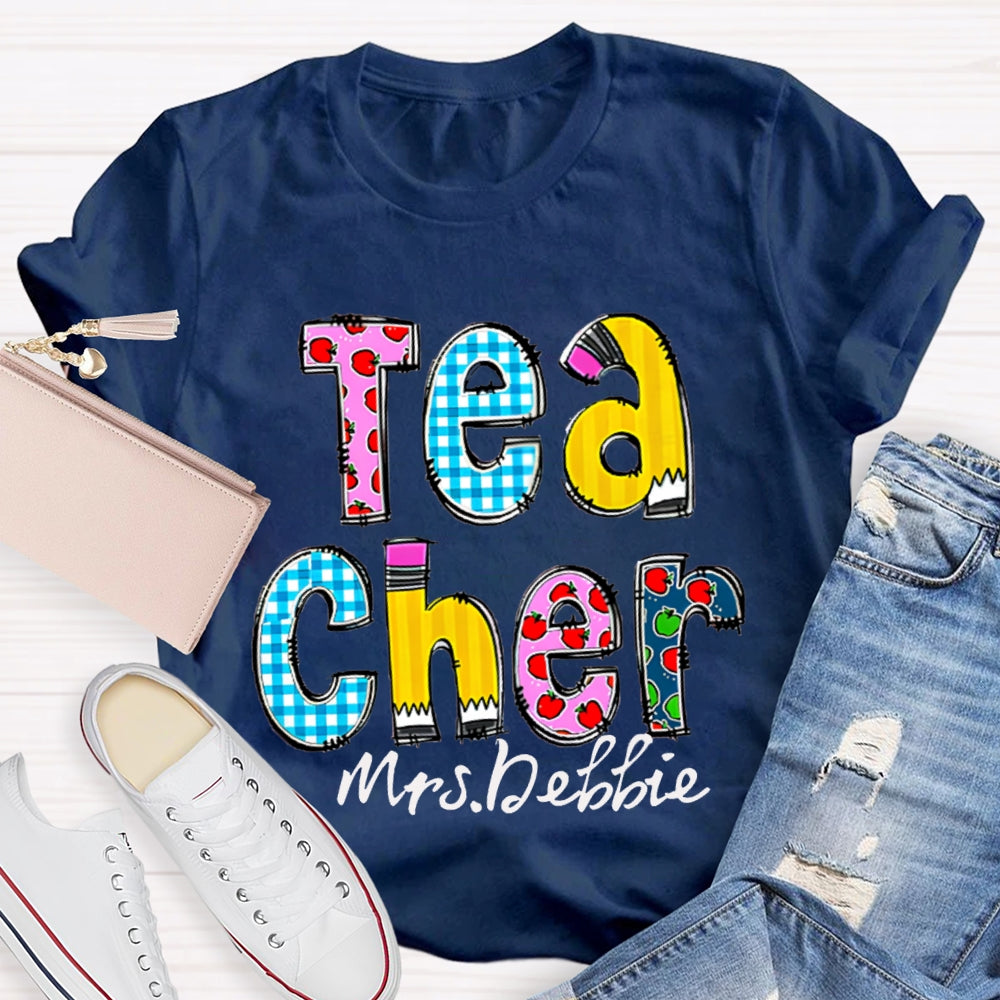Personalized Name Teacher Letter Pencil Apple Pattern T-Shirt