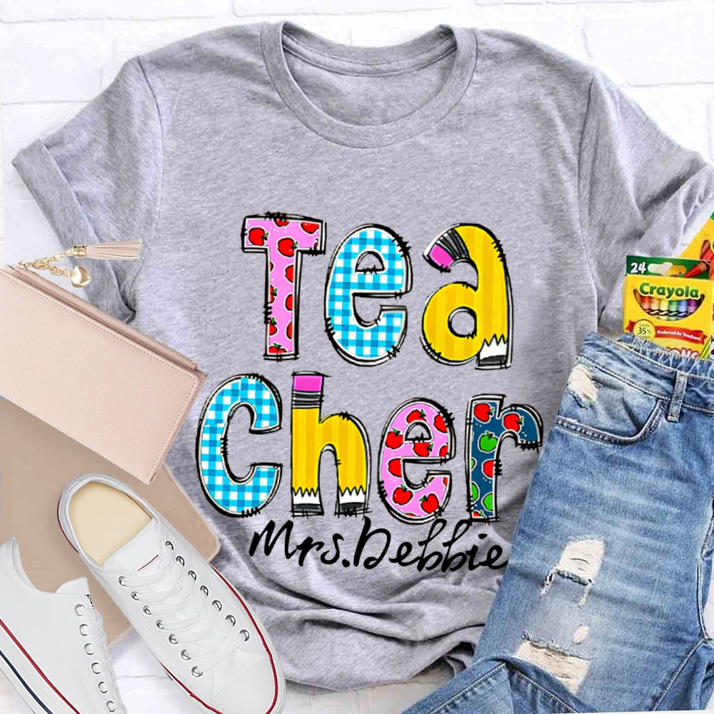 Personalized Name Teacher Letter Pencil Apple Pattern T-Shirt