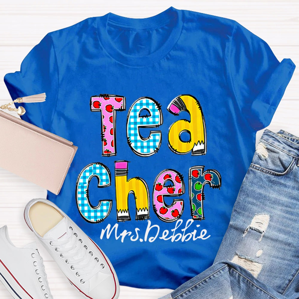Personalized Name Teacher Letter Pencil Apple Pattern T-Shirt
