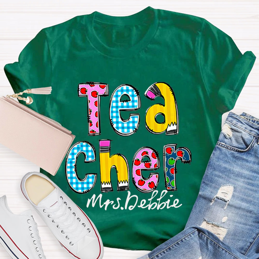 Personalized Name Teacher Letter Pencil Apple Pattern T-Shirt