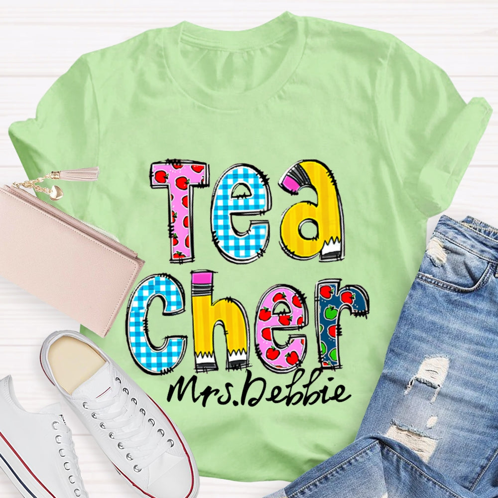 Personalized Name Teacher Letter Pencil Apple Pattern T-Shirt