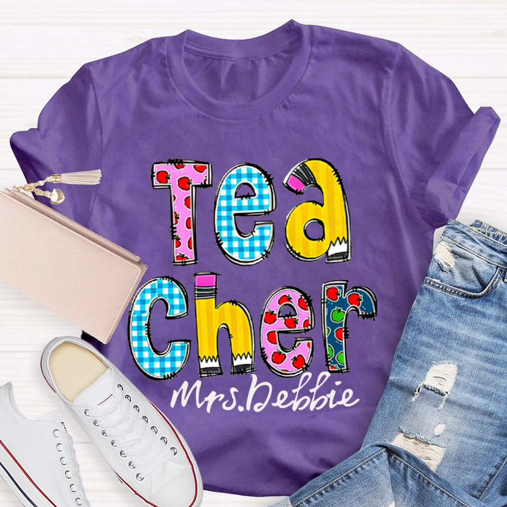 Personalized Name Teacher Letter Pencil Apple Pattern T-Shirt