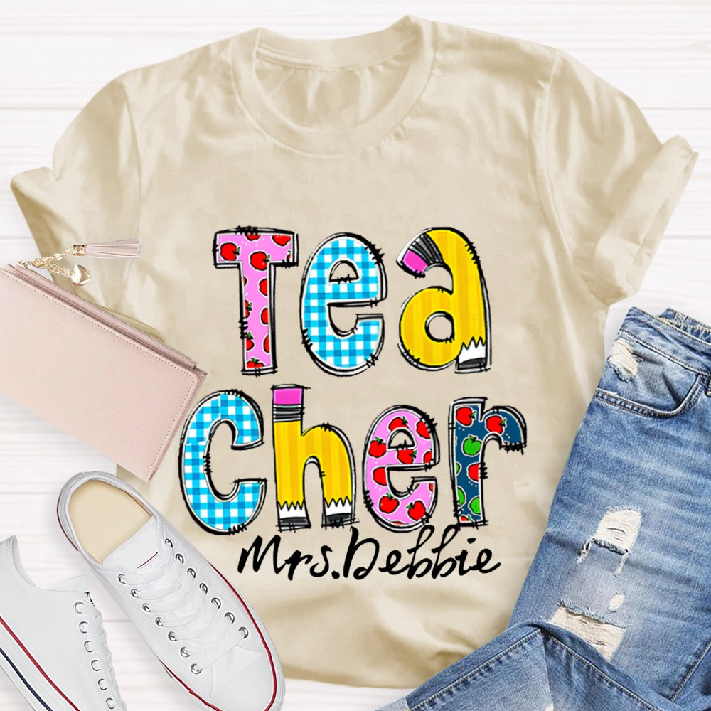 Personalized Name Teacher Letter Pencil Apple Pattern T-Shirt