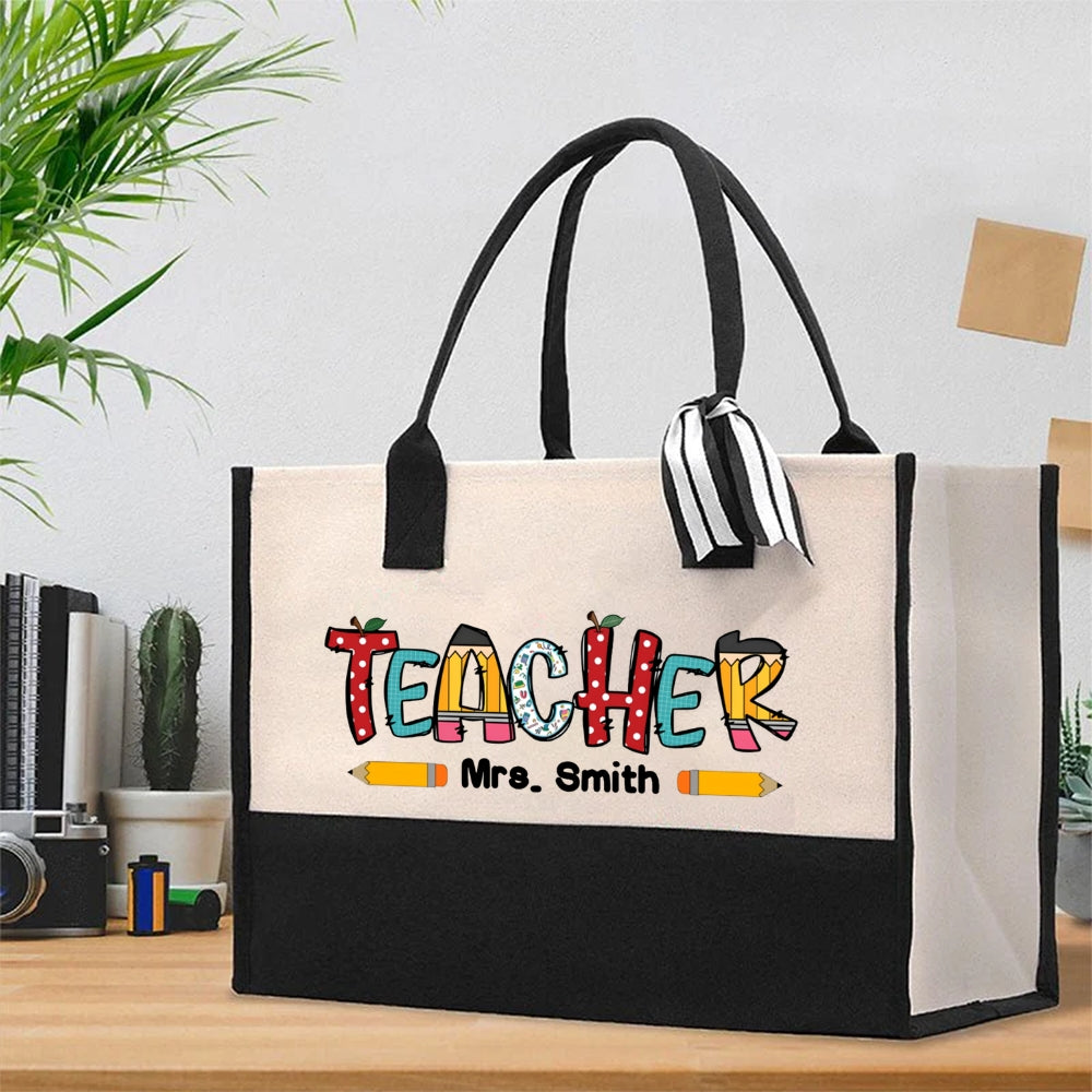 Personalized Name Crayon Apple Dot Print Cotton Tote Bag