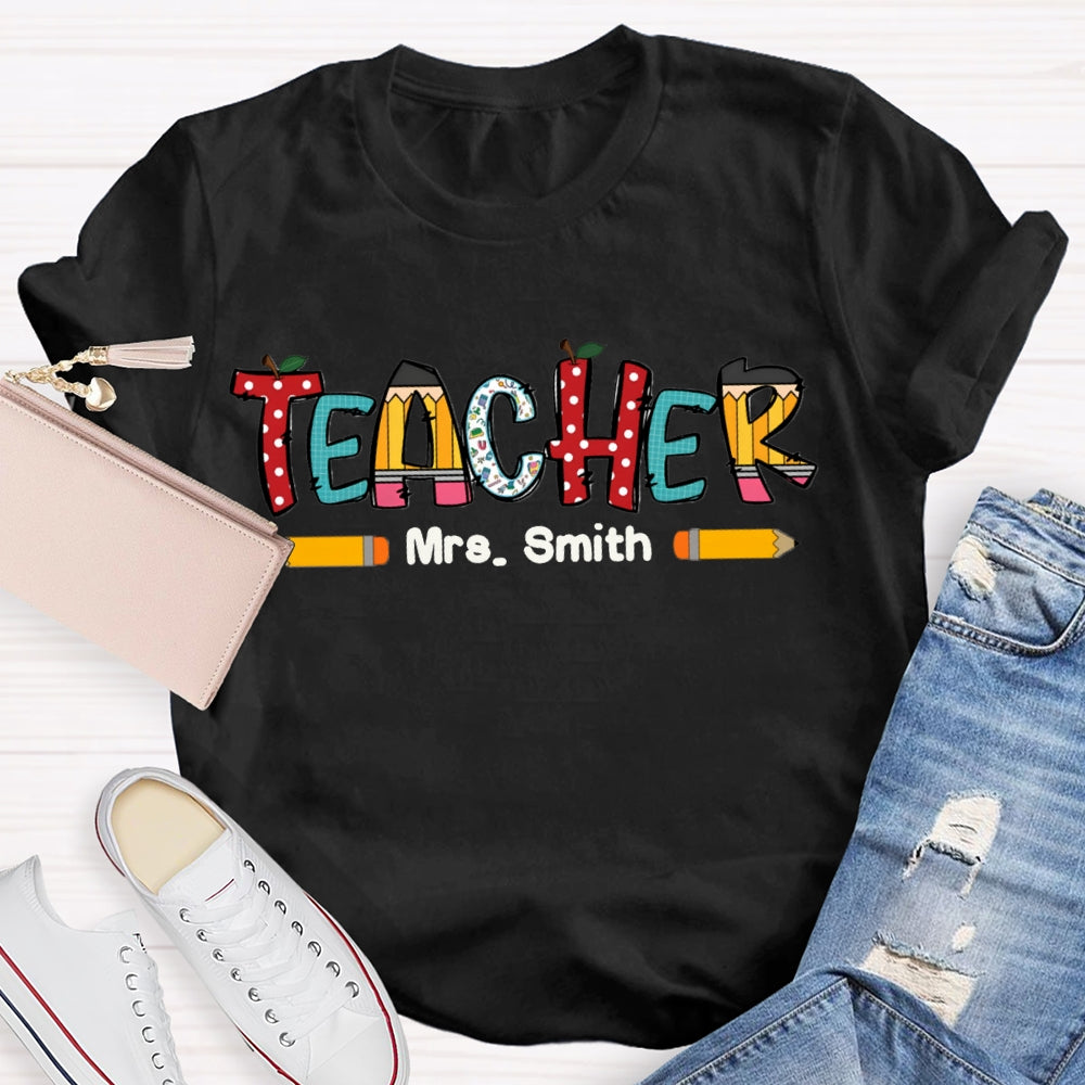 Personalized Name Crayon Apple Dot Back To School Teacher T-shirt