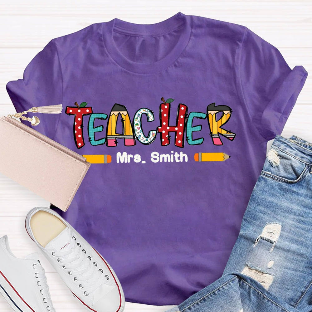 Personalized Name Crayon Apple Dot Back To School Teacher T-shirt