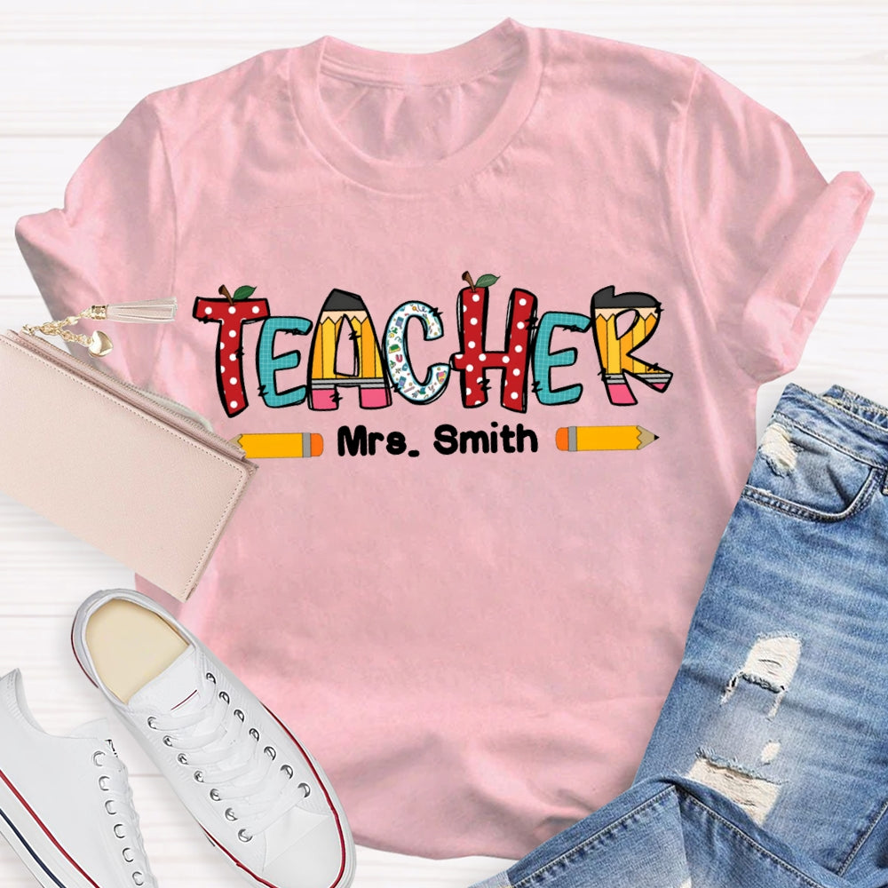 Personalized Name Crayon Apple Dot Back To School Teacher T-shirt