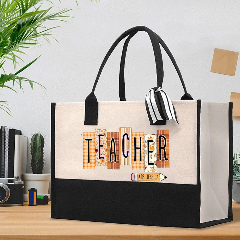 Personalized Name Fall Season Teacher Cotton Tote Bag
