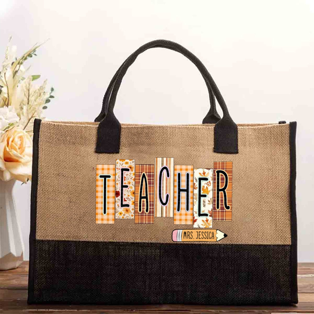 Personalized Name Fall Season Teacher Cotton Tote Bag
