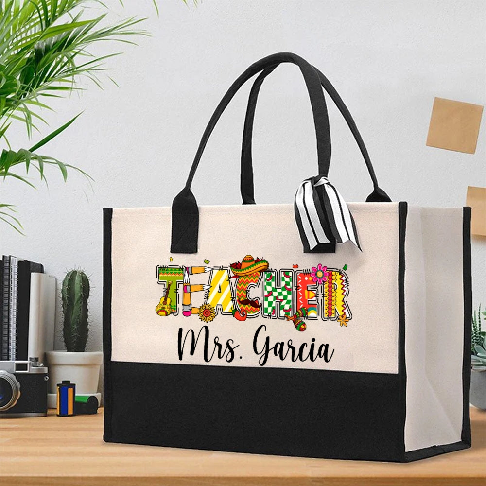 Personalized Teacher Name Spanish Flower Cotton Tote Bag