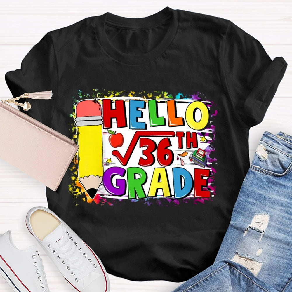 Personalized Name Hello Math Yellow Pencil And Tie-Dye Strokes Math Teacher T-Shirt