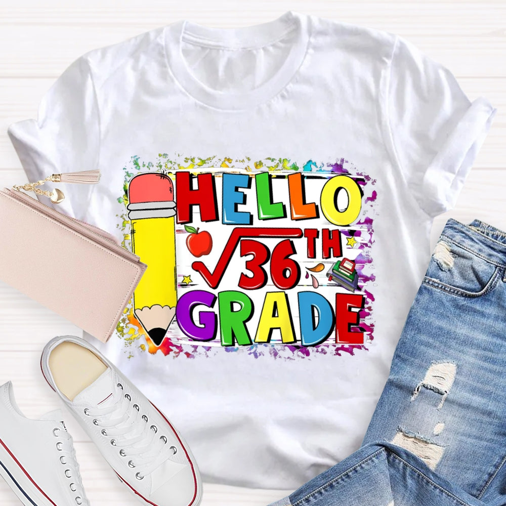 Personalized Name Hello Math Yellow Pencil And Tie-Dye Strokes Math Teacher T-Shirt
