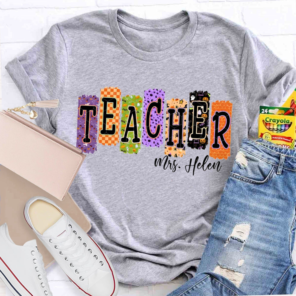 Personalized Name Teacher Halloween Puzzle Grid Funny Halloween T-shirt