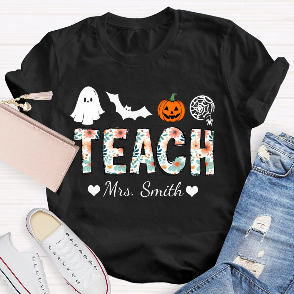 Personalized Name Teach Colorful Printed Fonts Funny Halloween T-shirt