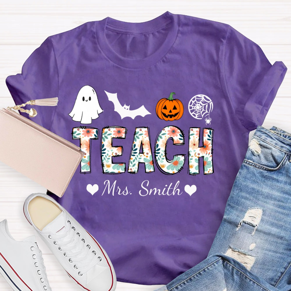 Personalized Name Teach Colorful Printed Fonts Funny Halloween T-shirt