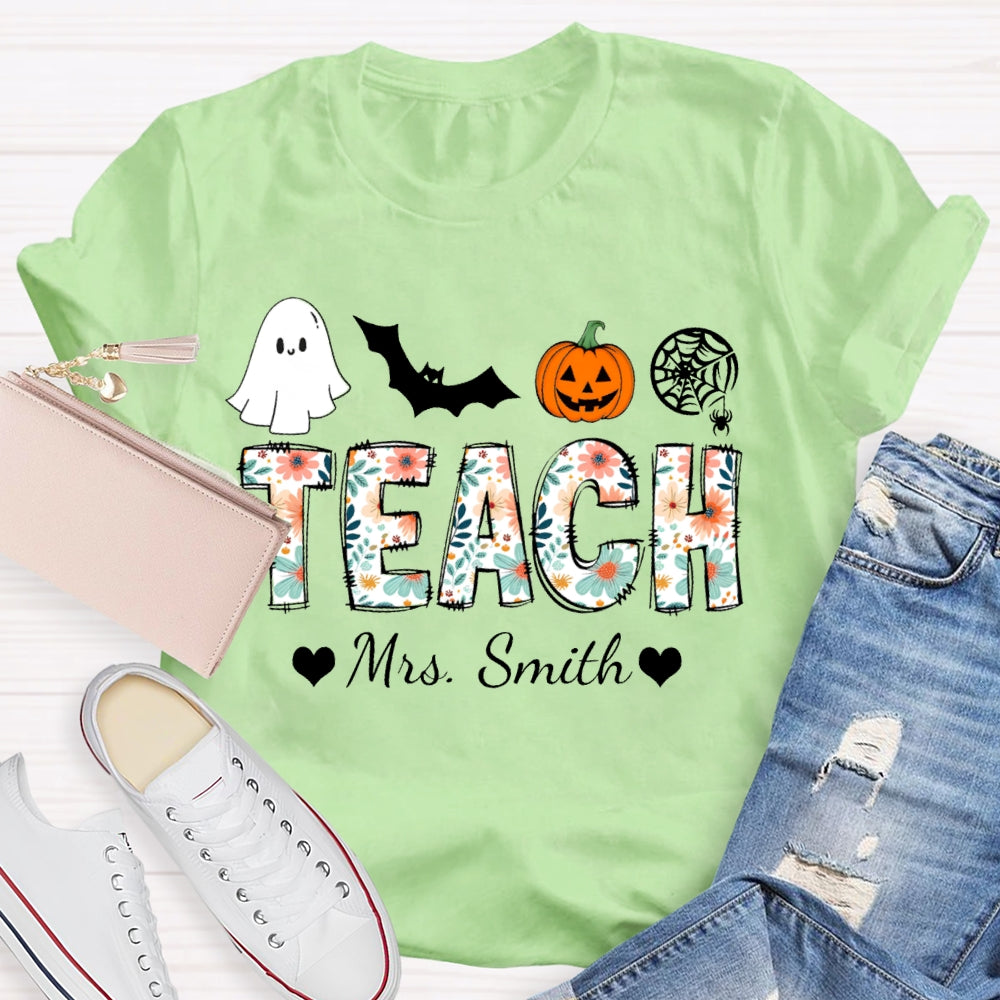Personalized Name Teach Colorful Printed Fonts Funny Halloween T-shirt
