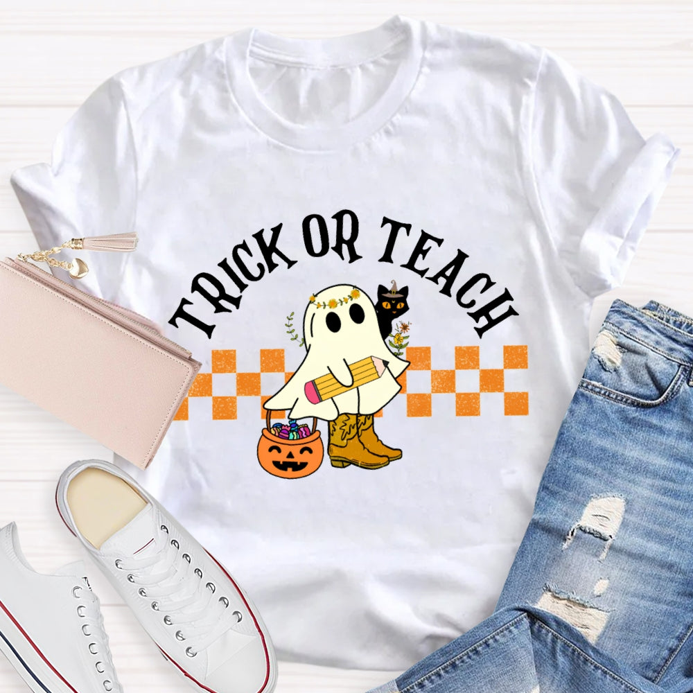 Trick Or Teach Cute Ghost Holding A Pencil Halloween T-shirt