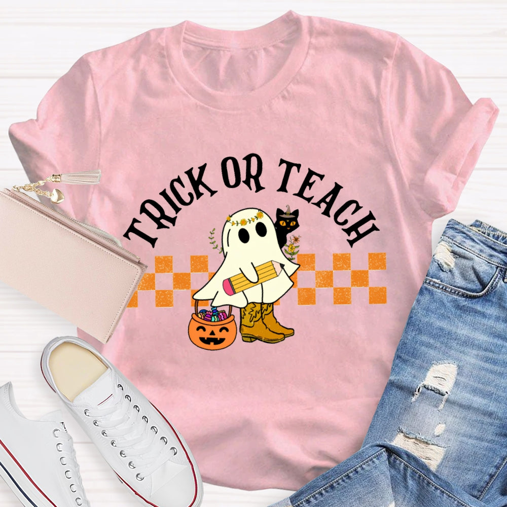 Trick Or Teach Cute Ghost Holding A Pencil Halloween T-shirt