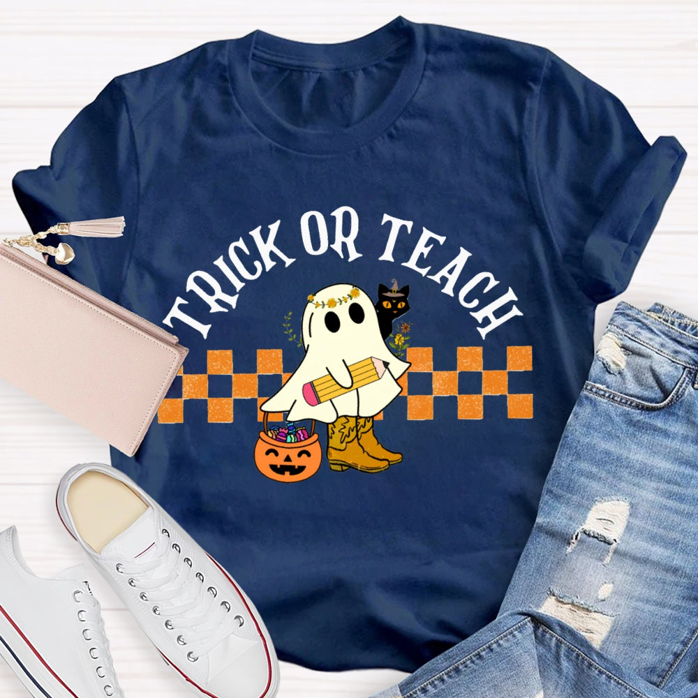 Trick Or Teach Cute Ghost Holding A Pencil Halloween T-shirt
