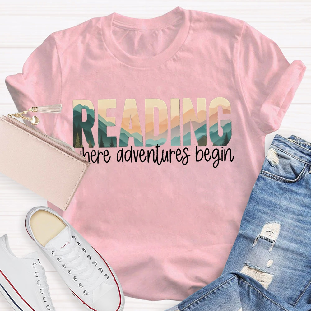 Reading Where Adventures Begin Colorful Gradient Font T-shirt