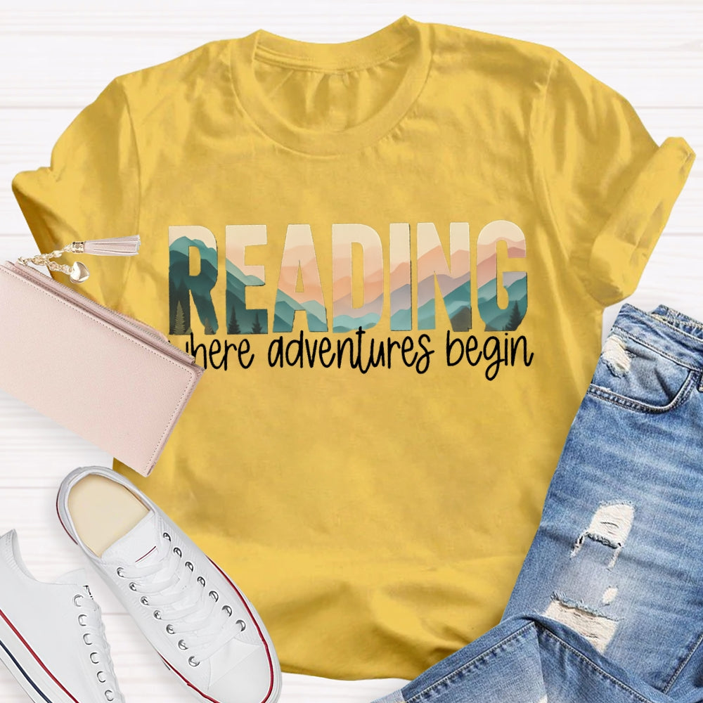 Reading Where Adventures Begin Colorful Gradient Font T-shirt