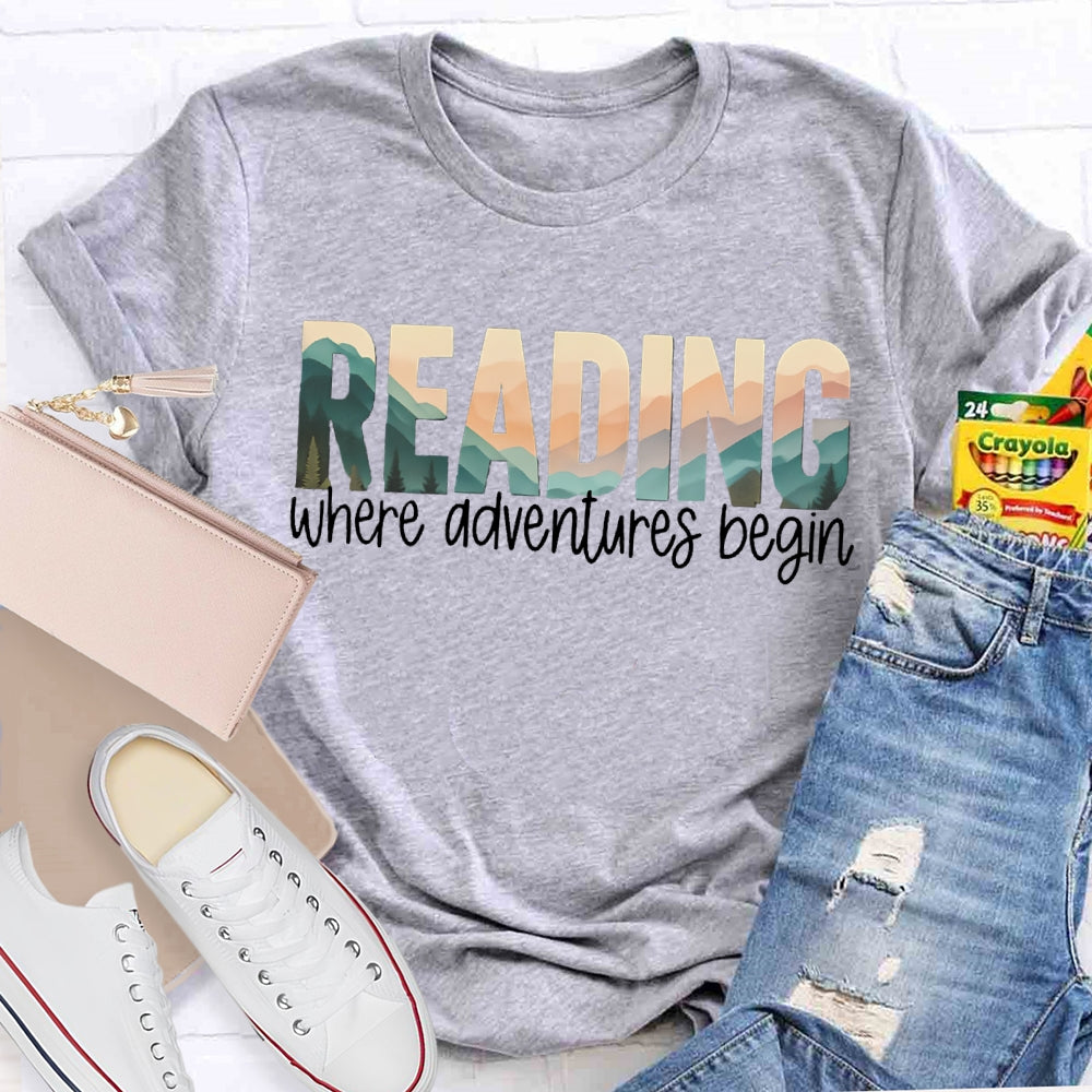 Reading Where Adventures Begin Colorful Gradient Font T-shirt
