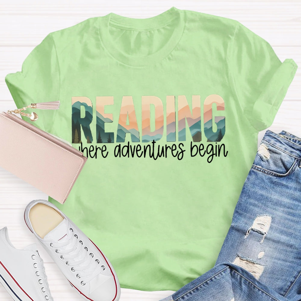 Reading Where Adventures Begin Colorful Gradient Font T-shirt