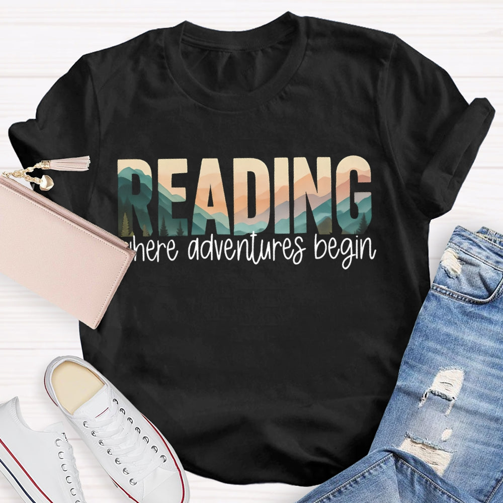 Reading Where Adventures Begin Colorful Gradient Font T-shirt