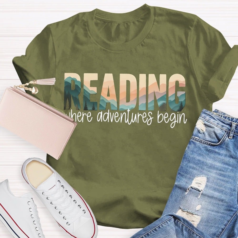 Reading Where Adventures Begin Colorful Gradient Font T-shirt