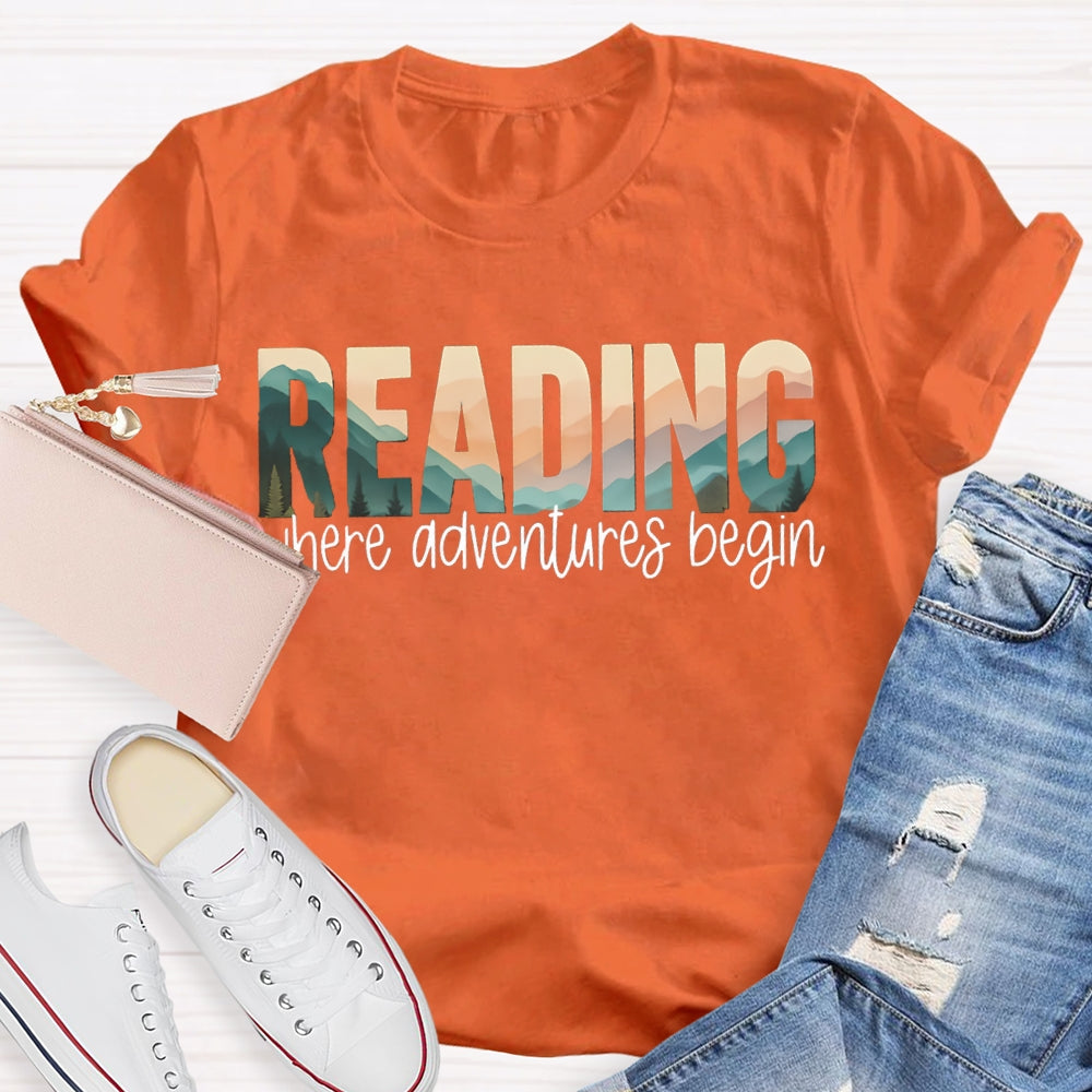 Reading Where Adventures Begin Colorful Gradient Font T-shirt
