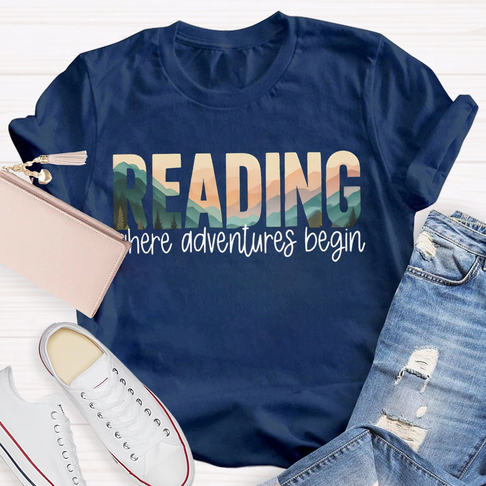 Reading Where Adventures Begin Colorful Gradient Font T-shirt