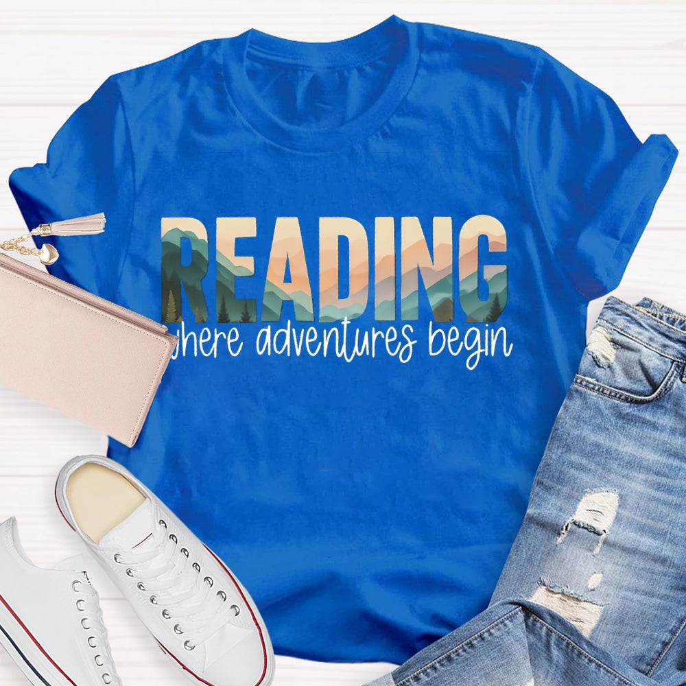Reading Where Adventures Begin Colorful Gradient Font T-shirt