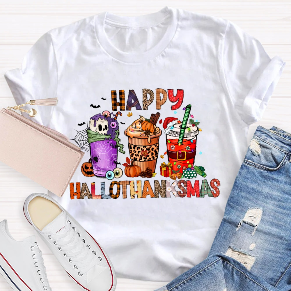 Happy Hallothanksmas Funny Colorful Coffee Cups T-shirt