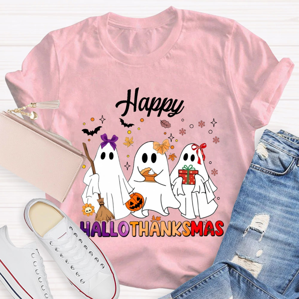 Happy Hallothankmas Three Cute Ghosts Holding Gifts T-shirt