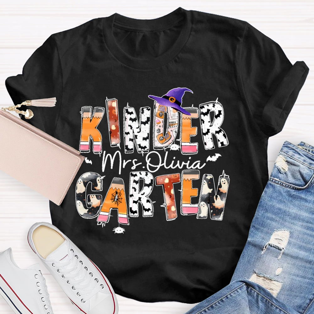 Personalized Name And Grade Kindergarten Halloween T-shirt