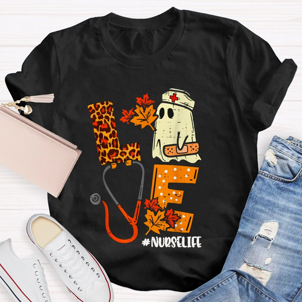 Love Nurselife Cute Ghost Nurse And Leopard Print Font T-shirt