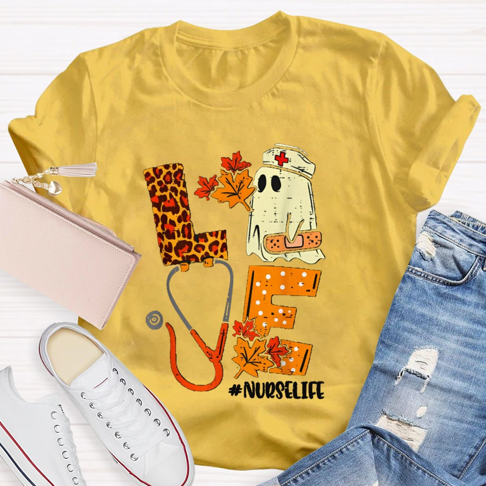 Love Nurselife Cute Ghost Nurse And Leopard Print Font T-shirt
