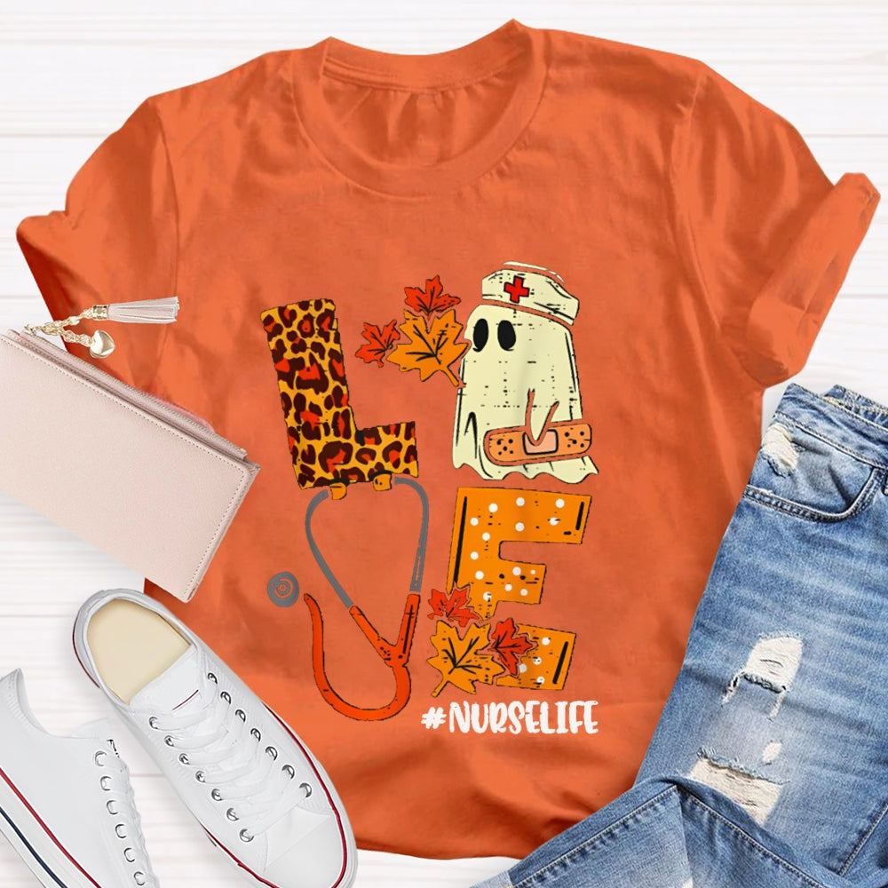 Love Nurselife Cute Ghost Nurse And Leopard Print Font T-shirt