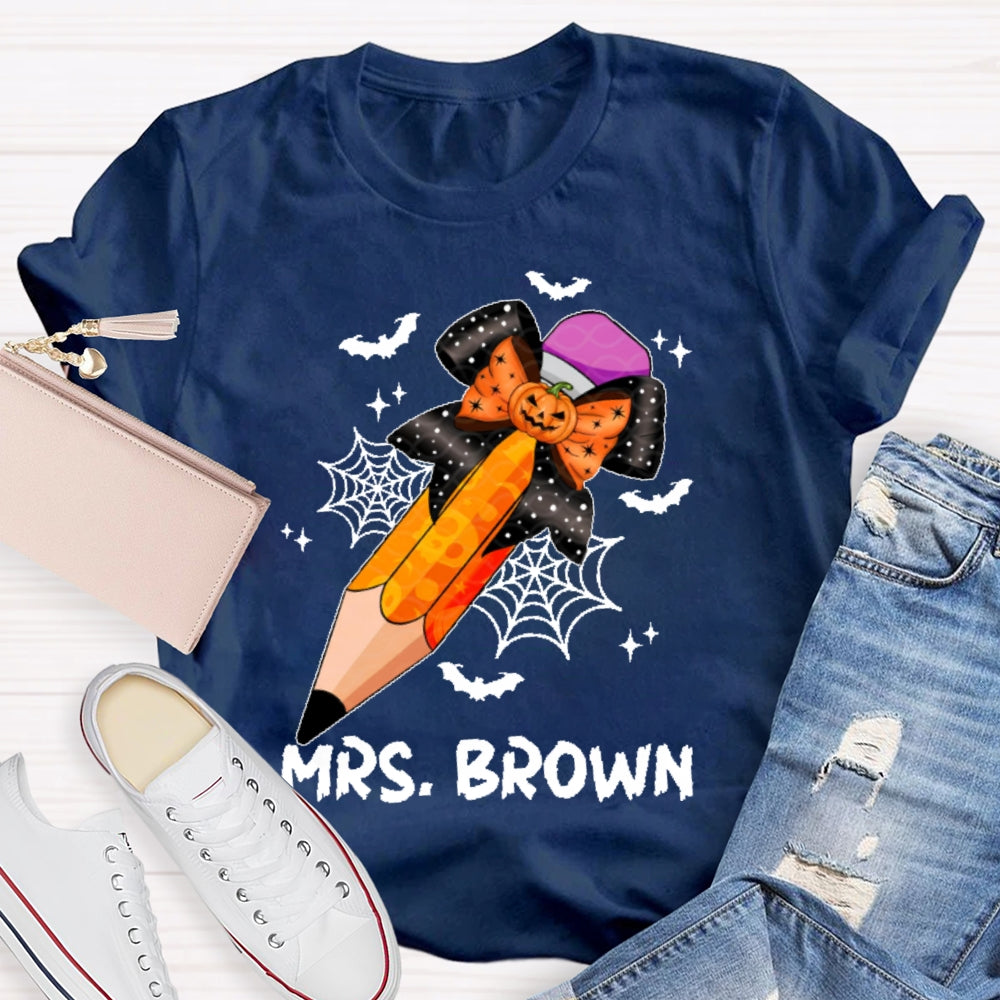 Personalized Name Teacher Pencil Pumpkin For Halloween T-shirt
