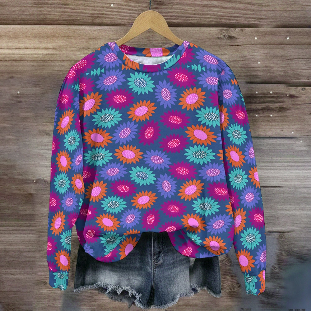 Warm Multicolor Floral Print Crew Neck Sweatshirt