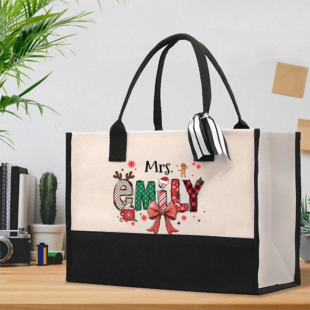 Personalized name Christmas Elk Snowflakes Cotton Tote Bag