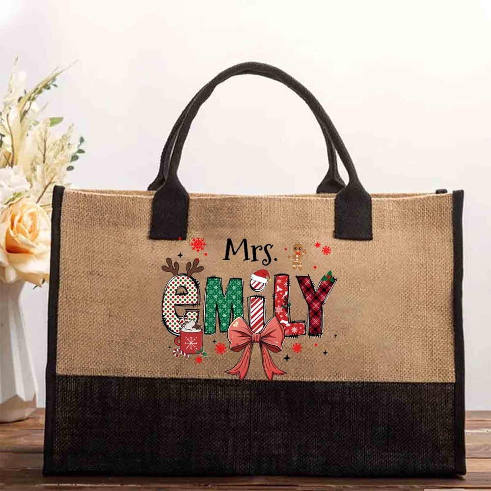 Personalized name Christmas Elk Snowflakes Cotton Tote Bag