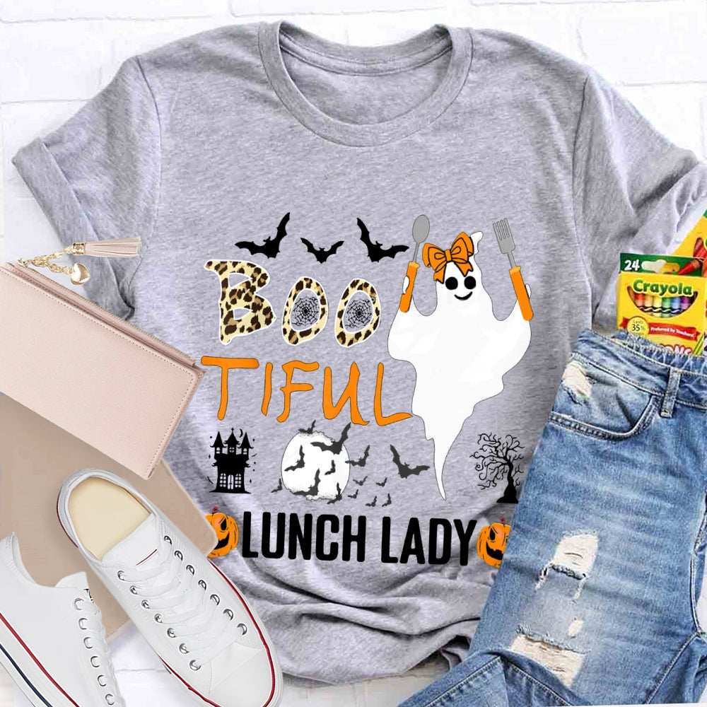 Boo Tiful Lunch Lady Ghost Holding Cooking Utensils T-shirt