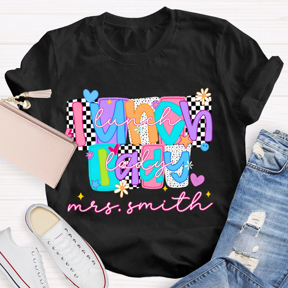 Personalized Name Lunch Lady Tiled Color Fonts T-shirt